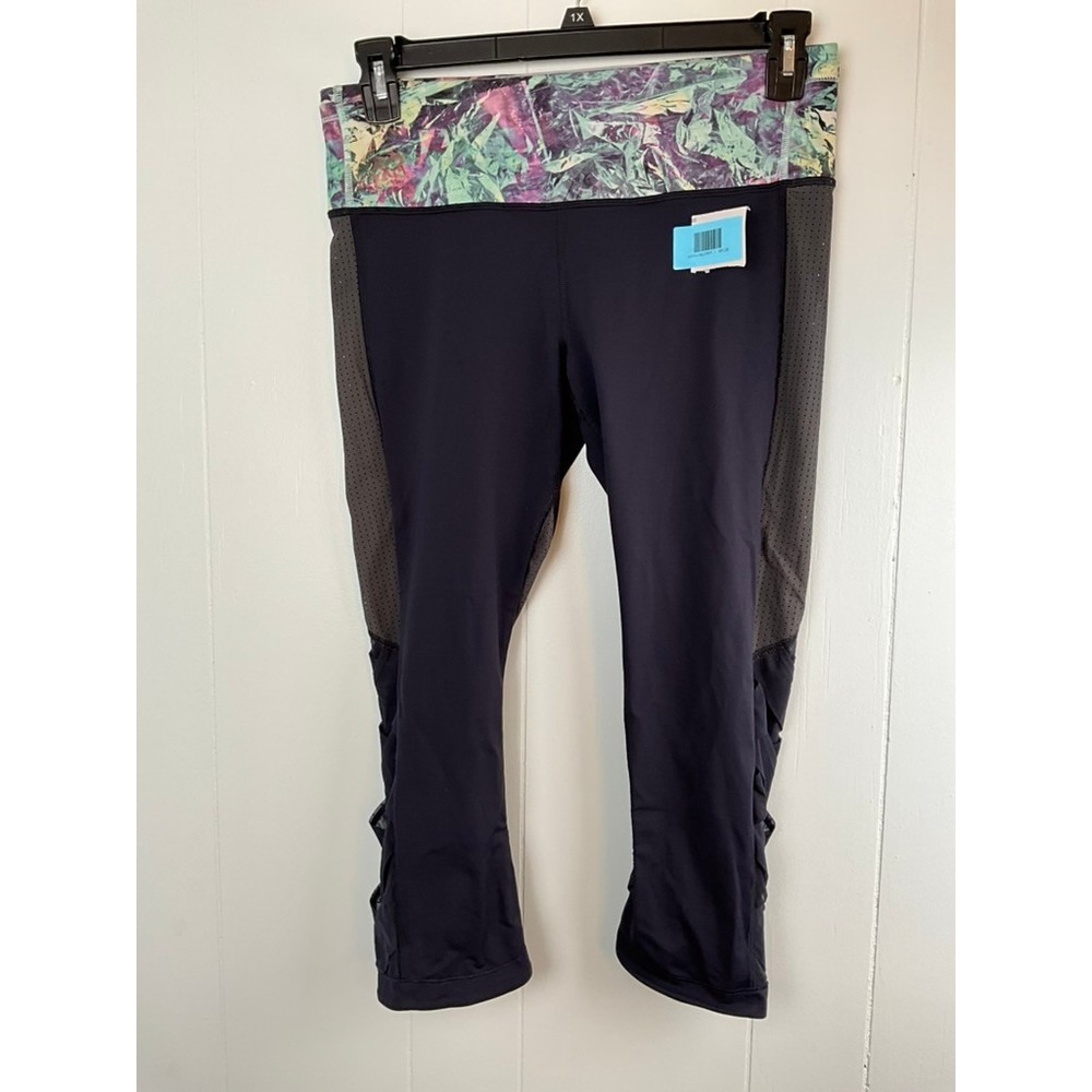 Lululemon‎ Tight Stuff Crop Leggings Size 10 Black Mesh Strappy Floral Waistband